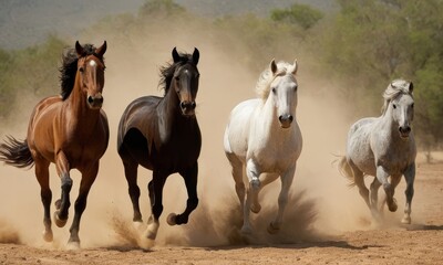 Obraz premium Majestic herd of horses galloping freely across the dusty plains, showcasing their power and beauty in a breathtaking display