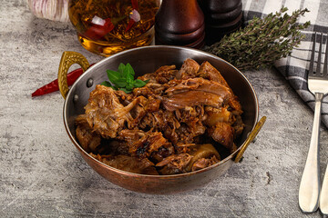 Shredded slow cooked pork meat