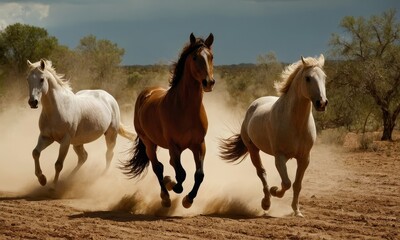 Three powerful horses gallop freely across the dusty plains, their manes flowing