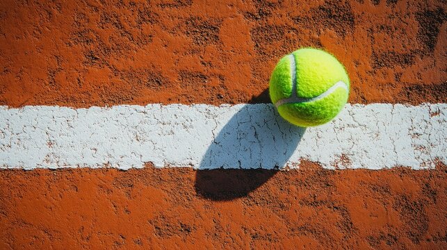 Sun-kissed red clay court vibrantly contrasts against a bold central white line. Its textured surface captures light, hinting at untold tennis tales beneath gentle shadows