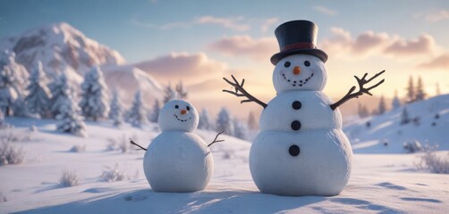Obraz premium Frosty landscape with snowman in joyful pose, against a serene winter sky, panoramic view, serene winter , frozen lake