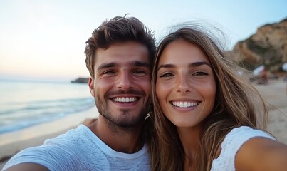 Obraz premium Happy Young Couple Taking Selfies on the Beach with Clean Lines and Beautiful Scenery