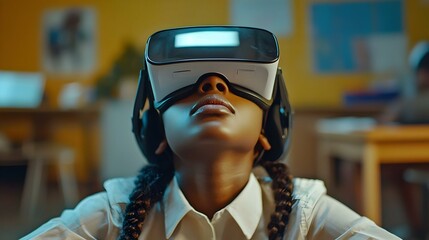 School student with VR headset using AI