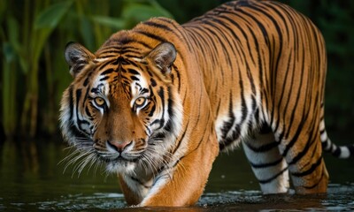 Fototapeta premium Magnificent Bengal Tiger Strolling Through Calm Waters in Lush Habitat