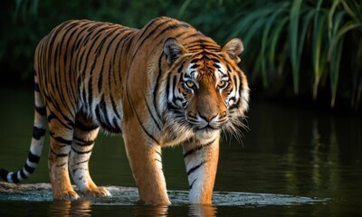 Obraz premium Majestic Bengal Tiger Strolling Through Lush Jungle Riverbed Habitat