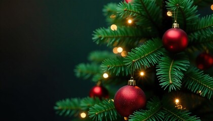 Naklejka premium Evergreen Christmas tree with red and green ornaments, tree, red, evergreen