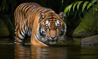 Naklejka premium Majestic Sumatran Tiger Stalking Through Water Habitat Portrait
