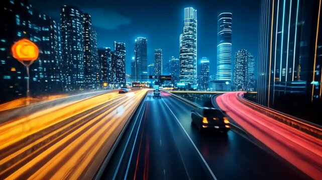Futuristic city highway at night with light trails from fast-moving cars and illuminated skyscrapers. Urban speed and technology concept
