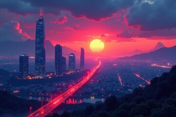 Fototapeta premium Futuristic cityscape at dusk, futuristic, nighttime, cityscape