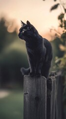 Black cat perched on a wooden fence during sunset outdoors