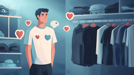 man in the store, a guy showcasing his wardrobe, with heart icons and comment bubbles on the clothes