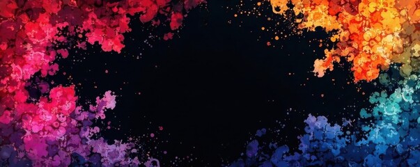 Fototapeta premium Colorful watercolor patterns on black background, modern templates, bright patterns, floral designs