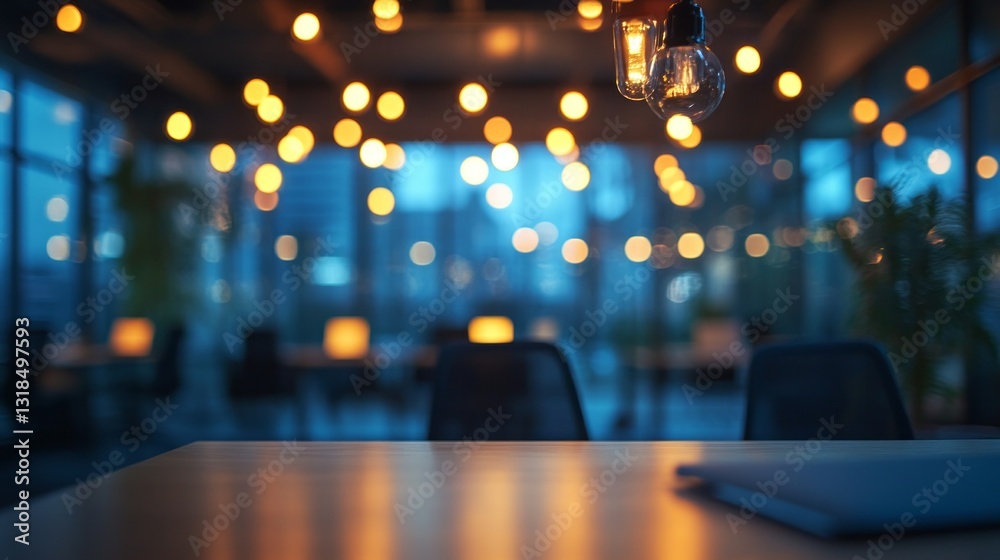 Poster softly glowing light bulbs create a welcoming atmosphere in a contemporary café. with scattered seat