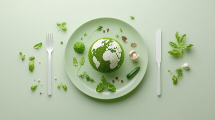 A digital painting depicting a minimalist symbolically impactful image of a green globe or planet Earth surrounded by leaves vegetables and other eco friendly elements representing sustainability