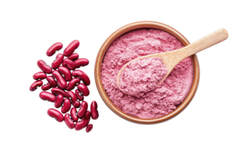 Red beans beside pink powder in bowl, healthy food ingredients