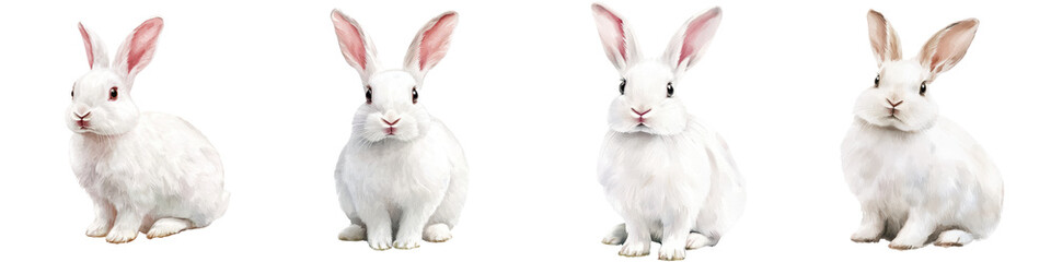 Obraz premium Adorable group of white fluffy rabbits sitting in a studio setting These cute and friendly domestic bunnies make for a versatile image that can be used for various purposes such as spring Easter