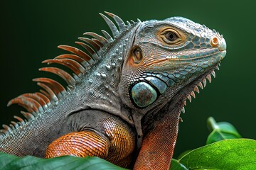 Obraz premium Colorful iguana resting on lush green leaves against a vibrant background