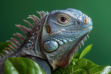 Fototapeta premium Close-up of a blue iguana on lush green leaves in natural habitat