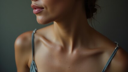 Graceful Feminine Beauty: A Close-Up of the Neck, Collarbone, and Décolleté with Soft Lighting, Smooth Skin, and Elegant Fashion, Capturing Natural Allure and Confidence

