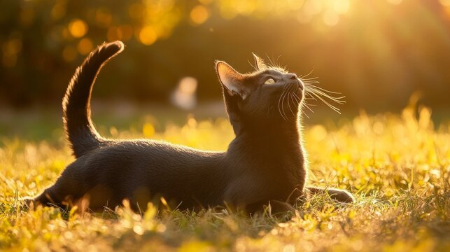 Black Cat Relaxing in Warm Sunset Light on Green Grass Field