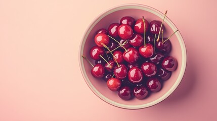 Top-down view of a bowl filled with cherries, artistically placed on a pastel peach background with soft shadows.