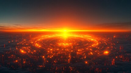 A futuristic digital interface with intricate glowing circuits forming a holographic web.