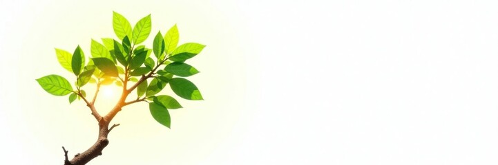 Small tree branch on white background with sunlight, leafy, branch