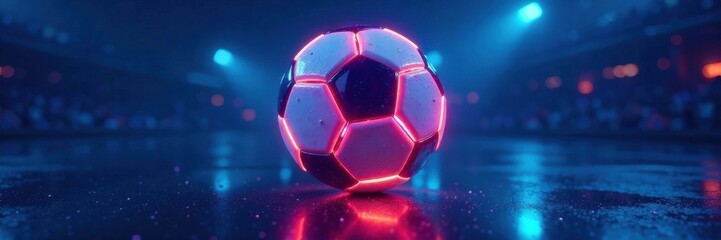 Naklejka premium Glowing neon soccer ball suspended in mid-air, surrounded by vibrant blue hues, illuminated, sport