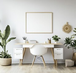 Minimalist home office with white desk, chair, and plants.