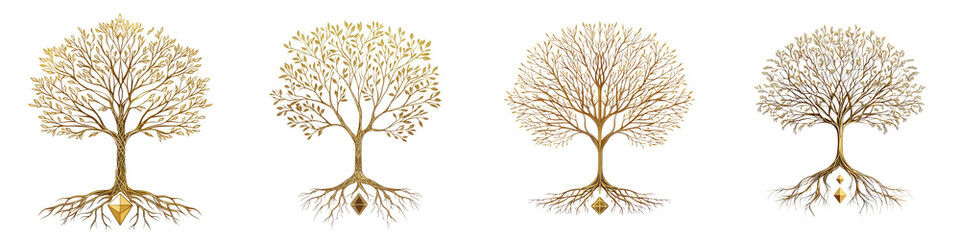 Naklejka premium Elegant golden trees with roots in various seasonal styles and abstract designs Stylized silhouettes patterns and representing the growth life cycle and natural beauty of trees