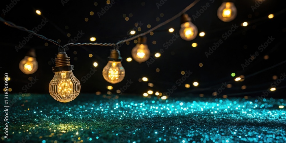 Poster Glowing String Lights Casting a Warm Glow Over a Sparkling Teal Surface