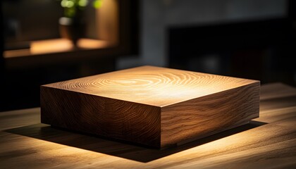 Elegant wooden block sculpture on a dark background with soft light