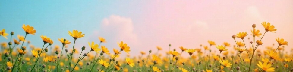 Fototapeta premium gradient background with soft pastel hues of pink and blue amidst a field of vibrant yellow flowers, garden, yellow