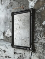 Horizontal Blank Black Narrow Photo Frame with White Background and Smooth Crude Concrete Wall