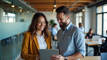 Collaboration and Innovation: A team is working together, and a woman and a man share a tablet in an open-plan office, fostering teamwork and innovation.