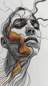 Human figure with Amaurosis fugax condition depicted in a one line abstract black ink drawing on a completely white background with detailed features