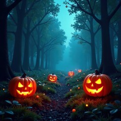 Dark forest scene with glowing jack-o-lanterns and spider webs, mysterious, spooky, woods