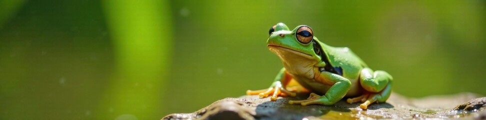 Fototapeta premium Green frog with closed eyes basking in sunlight, wildlife, amphibians, leaves