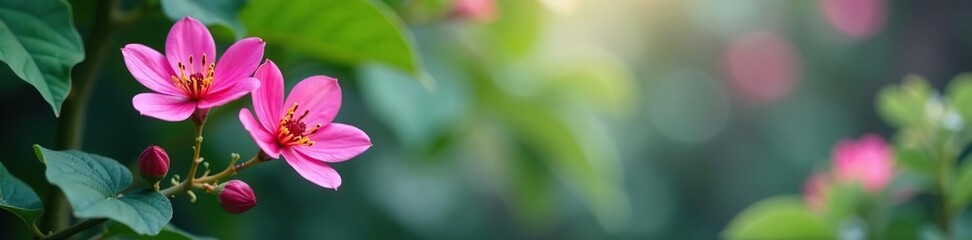 Obraz premium Exotic pink and blue flowers blooming in the wild, nature, tree