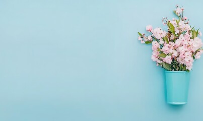 Fototapeta premium Fresh Spring Flowers in Blue Vase against Light Turquoise Background for Home Decor Inspiration