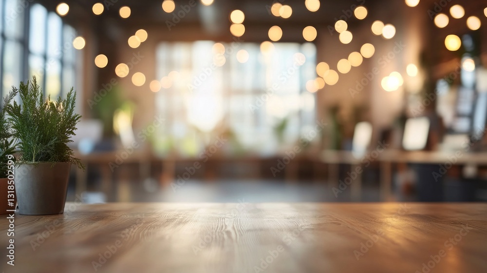 Aufkleber Soft light filters through large windows, illuminating a rustic wooden table adorned with a small potted plant. The enchanting atmosphere invites relaxation and creativity