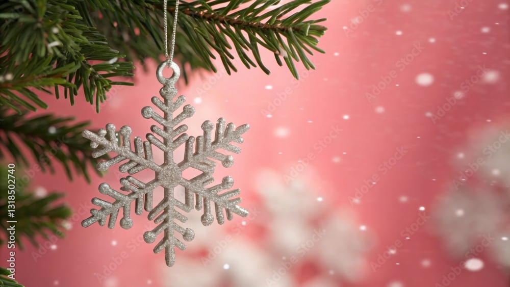 Poster silver snowflake ornament hanging from a green pine branch against a soft pink and white background 