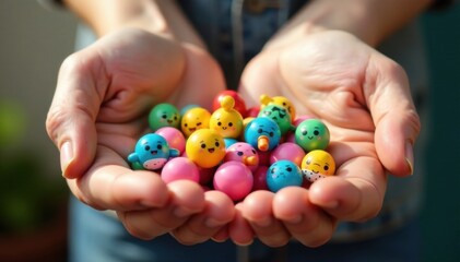 Hands holding colorful cartoon icons, smiling, cartoon icons, childrens