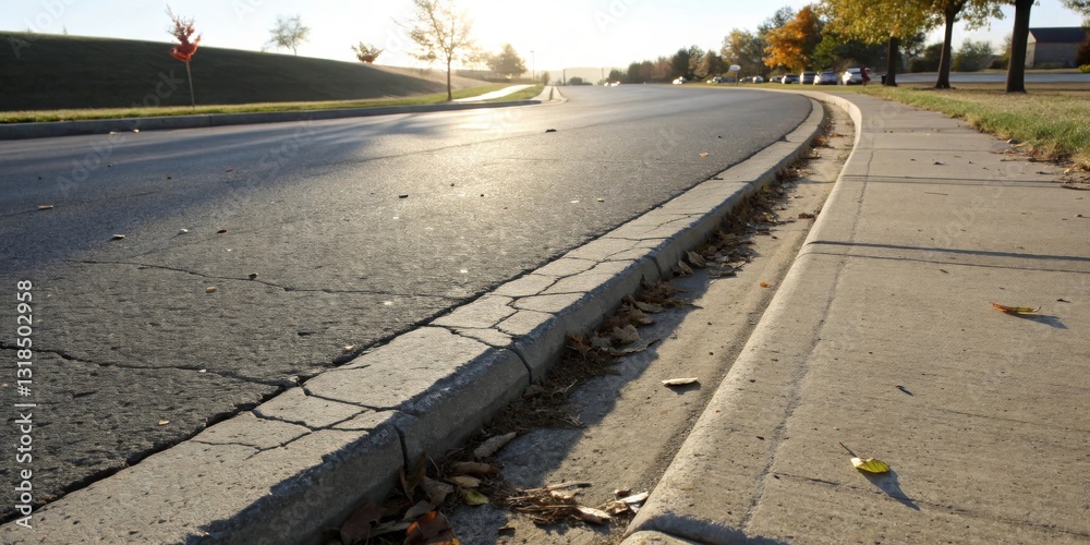 Poster a low angle view of a concrete curb and sidewalk with a paved road in the background, scattered with