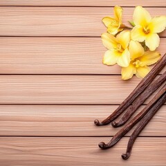 Fototapeta premium Collection of dried vanilla sticks and fresh vanilla flowers artfully arranged on a natural wooden surface display