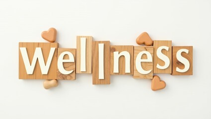 Wooden Blocks Creatively Display the Word 'Wellness' with Heart Shapes Attractively Arranged on a White Background
