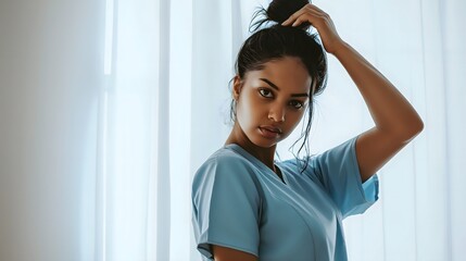Female Healthcare Professional in Scrubs with Thoughtful Expression against Window Background, Medical Staff Portrait in Natural Light, Young Woman Doctor or Nurse in Clinical Setting