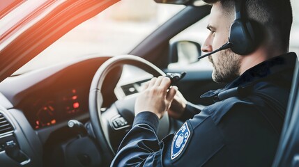 Police Officer Wearing Headset Radio Communication Equipment While Driving Patrol Car During Emergency Response with Focus on Professional Law Enforcement Operation