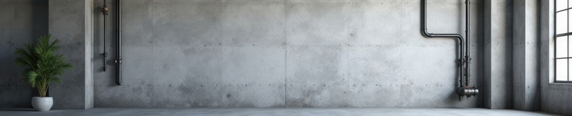 Industrial style grey textured concrete wall with metal beams and pipes, metal, factory, industrial design