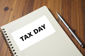 A Close-Up of a Notebook Featuring a Label That Reads 'Tax Day' on a Wooden Desk with a Silver Pen, Symbolizing Financial Responsibility and Preparation for Tax Filing